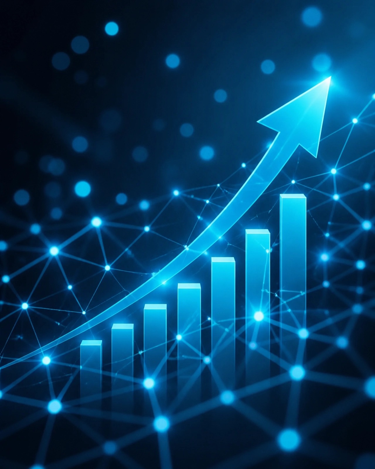 AI-driven business growth and performance metrics — glowing bar chart with upward arrow representing measurable ROI