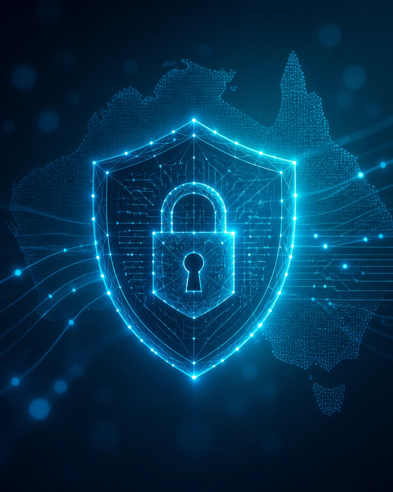 Privacy compliance and data security — glowing digital shield with padlock representing enterprise-grade data protection