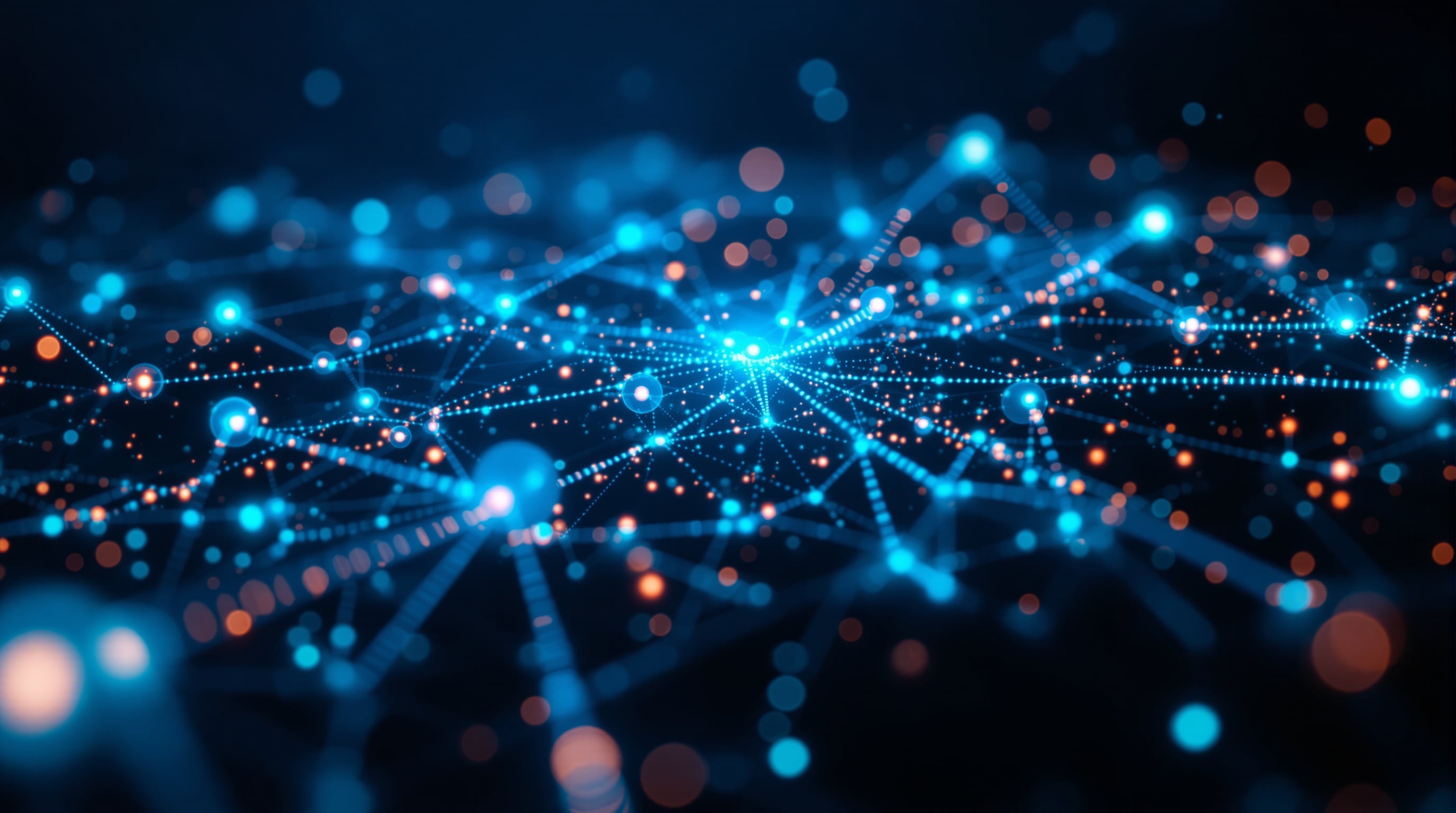 AI network and digital transformation — abstract deep blue visualisation of connected nodes and data pathways