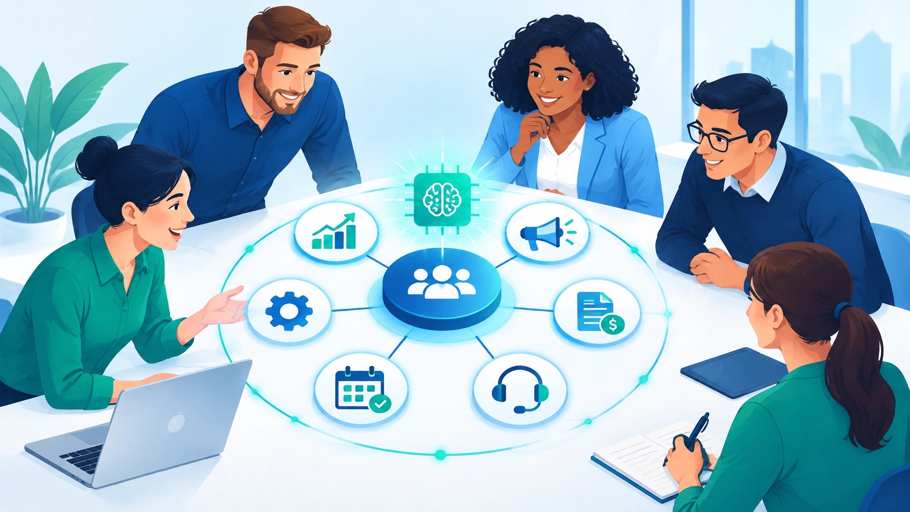 Business team gathered around a table with a central CRM hub connecting sales, marketing, invoicing, scheduling, support and AI