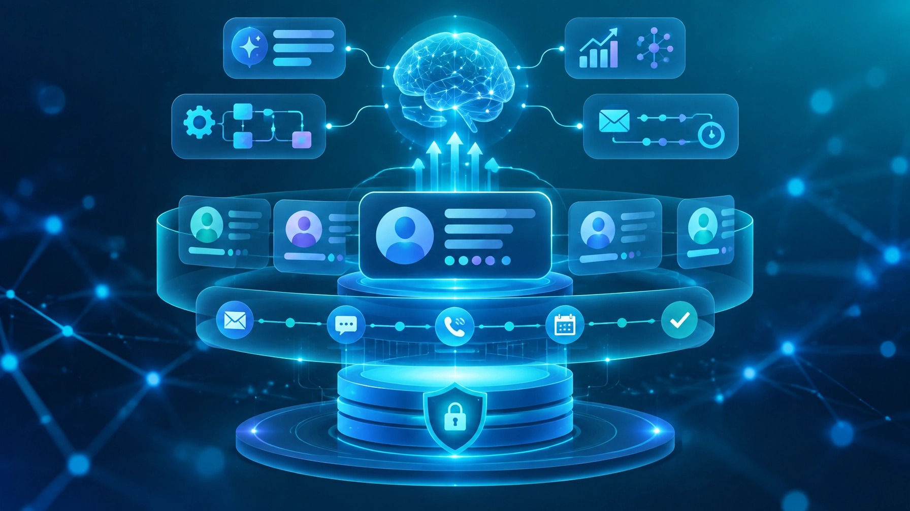 Scattered emails, spreadsheets, sticky notes and phone contacts flowing into one central CRM customer record and sales pipeline