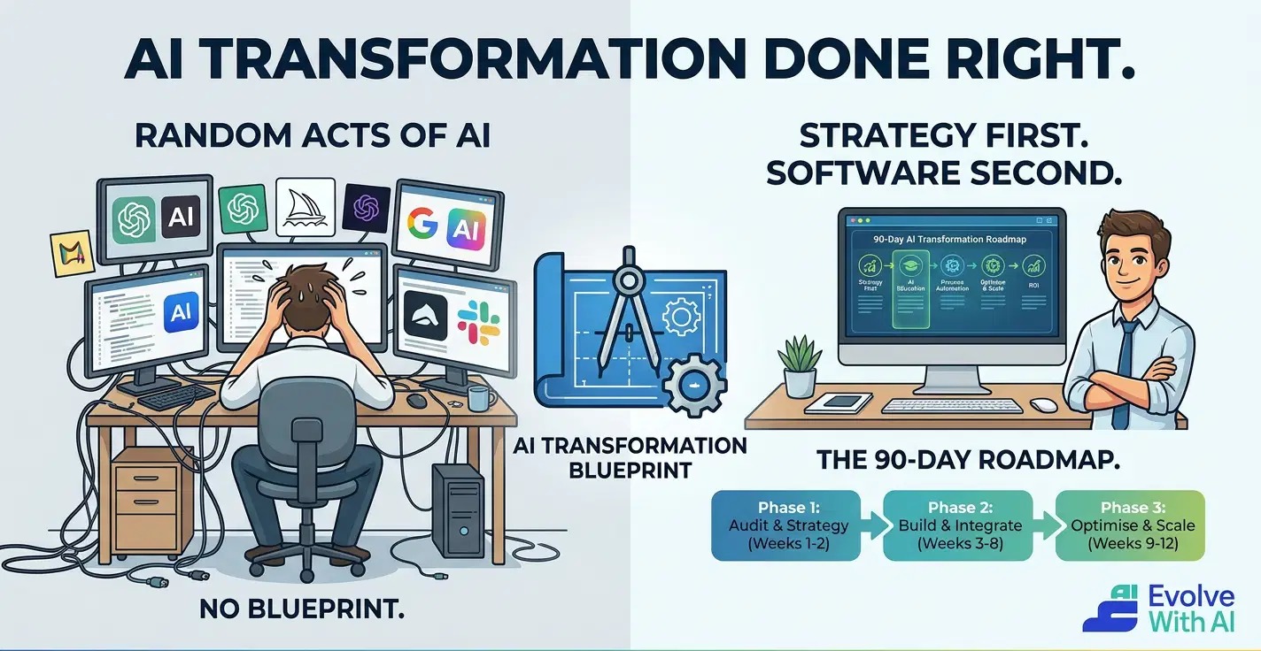 AI Transformation Done Right — Random Acts of AI vs Strategy First, Software Second with the 90-Day Roadmap
