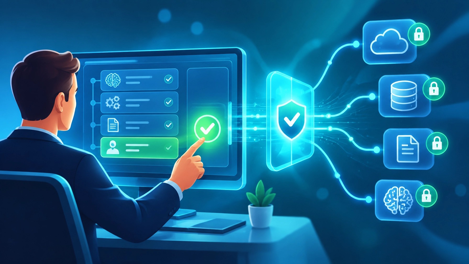 Business owner approving AI workflow steps with secure, locked connections to cloud, database, document and AI systems