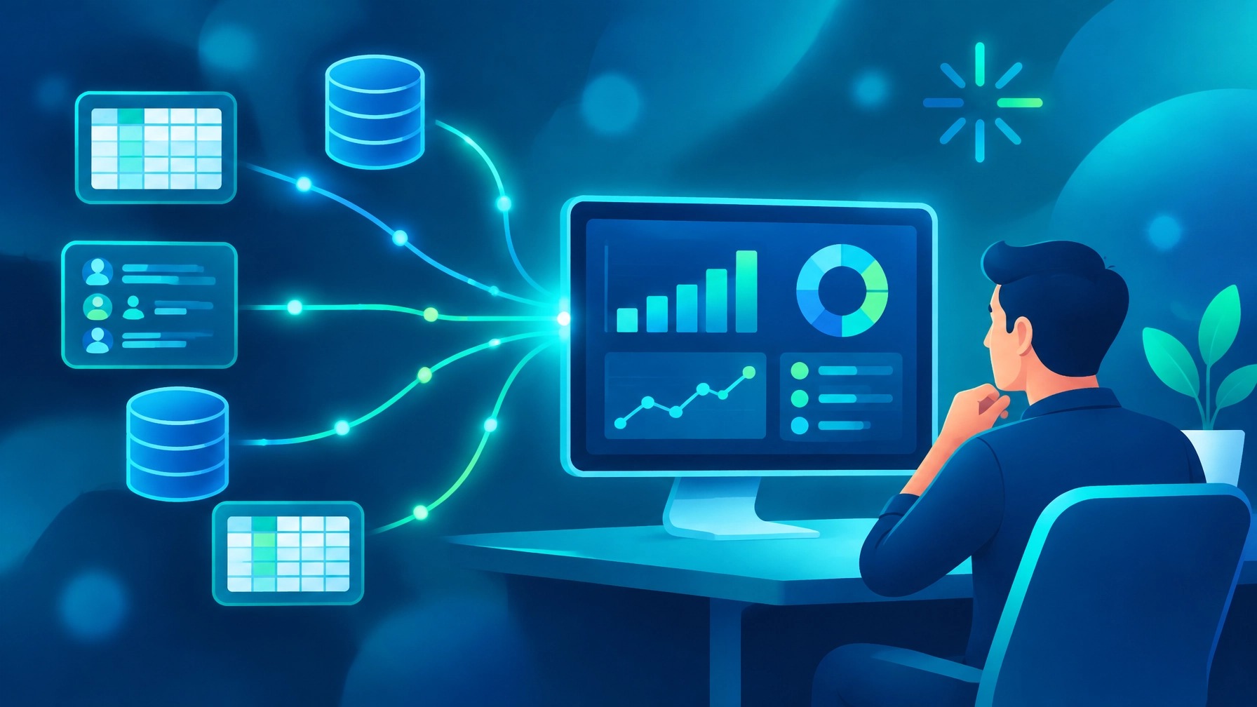Person at a desk watching connected data sources flow into a Claude dashboard of charts and metrics