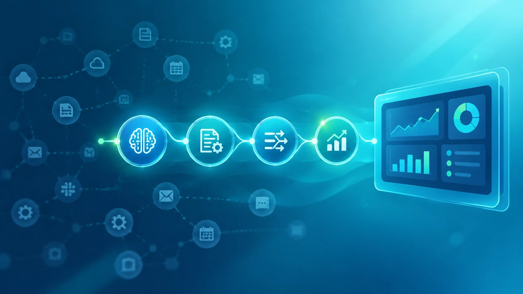Connected AI workflows pulling scattered business data from email, calendars and cloud tools into a single reporting dashboard