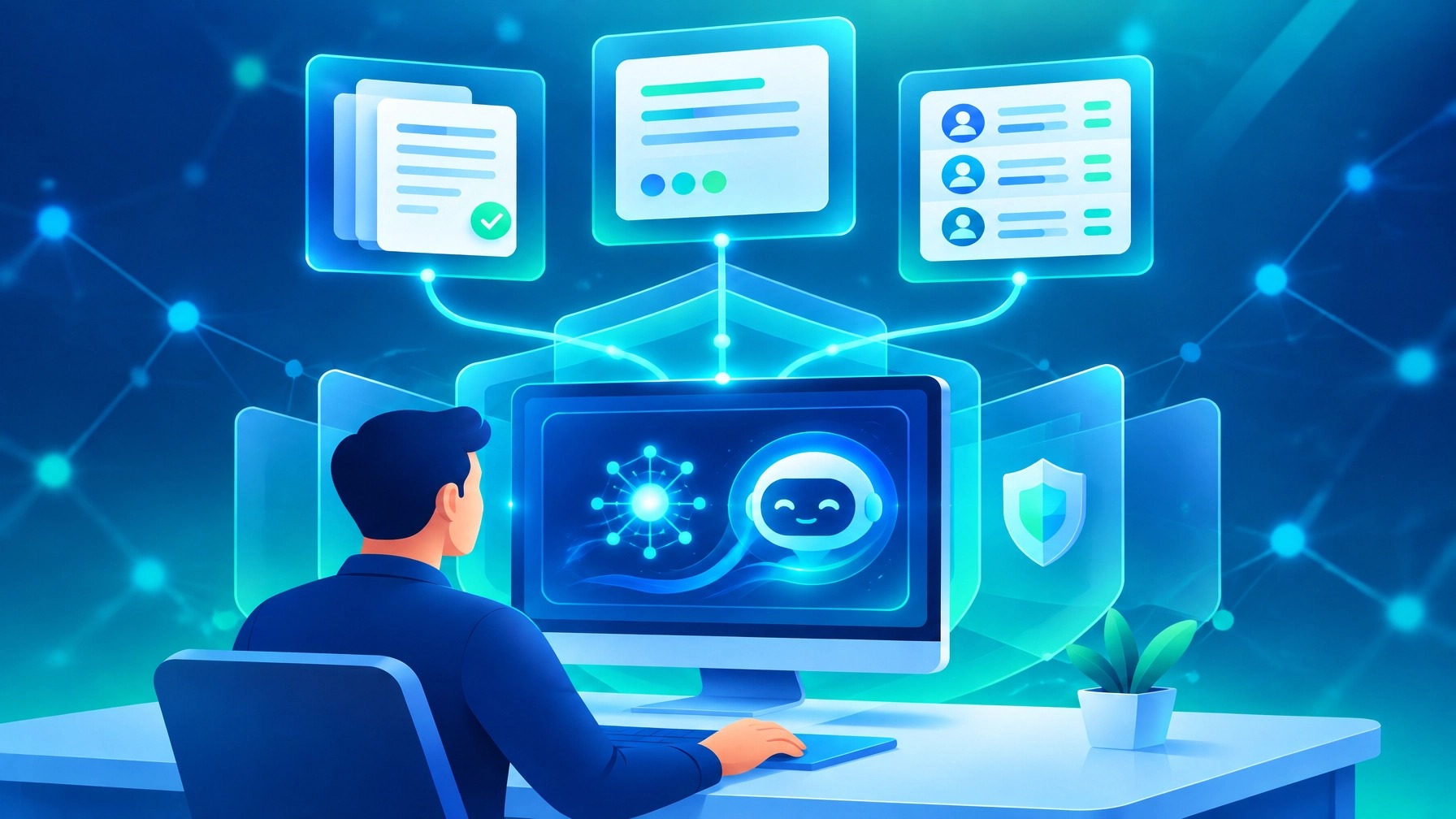 Person at a desk using Claude, with approved documents, templates and customer records feeding securely into the AI