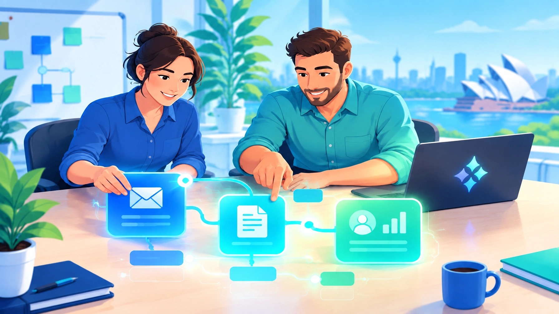 Two Australian team members mapping an email, document and reporting workflow together, with the Sydney Opera House in the background