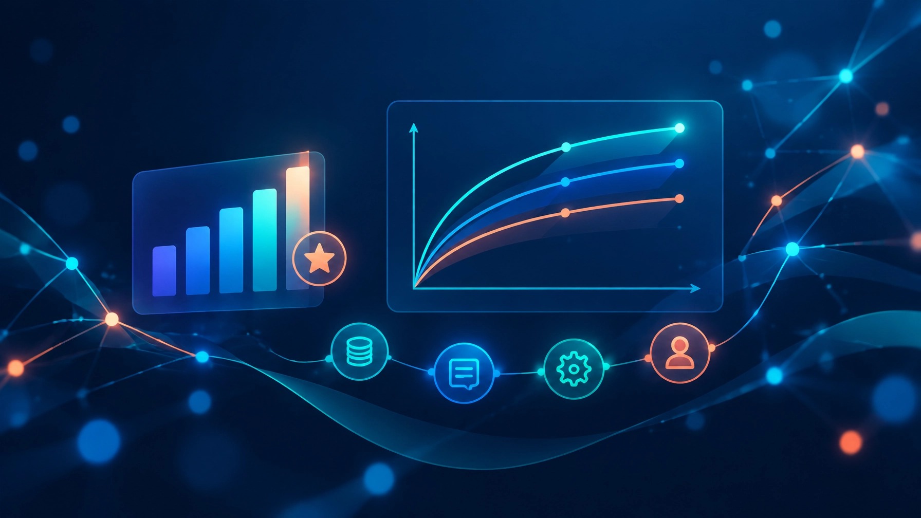 Benchmark bar chart and performance curves above a connected workflow of data, documents, automation and people