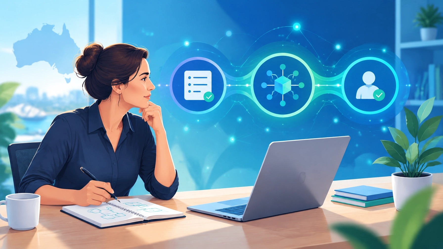 Business owner at a laptop considering how an AI agent routes a task between different models and services