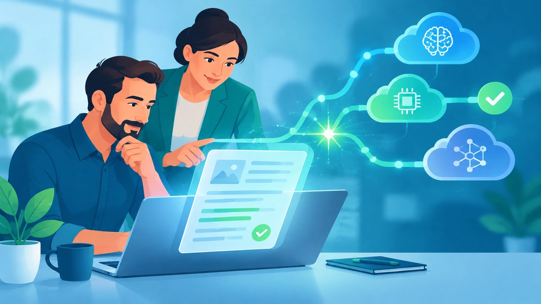 Two team members reviewing an AI workflow on a laptop, with connected cloud services and approval checks