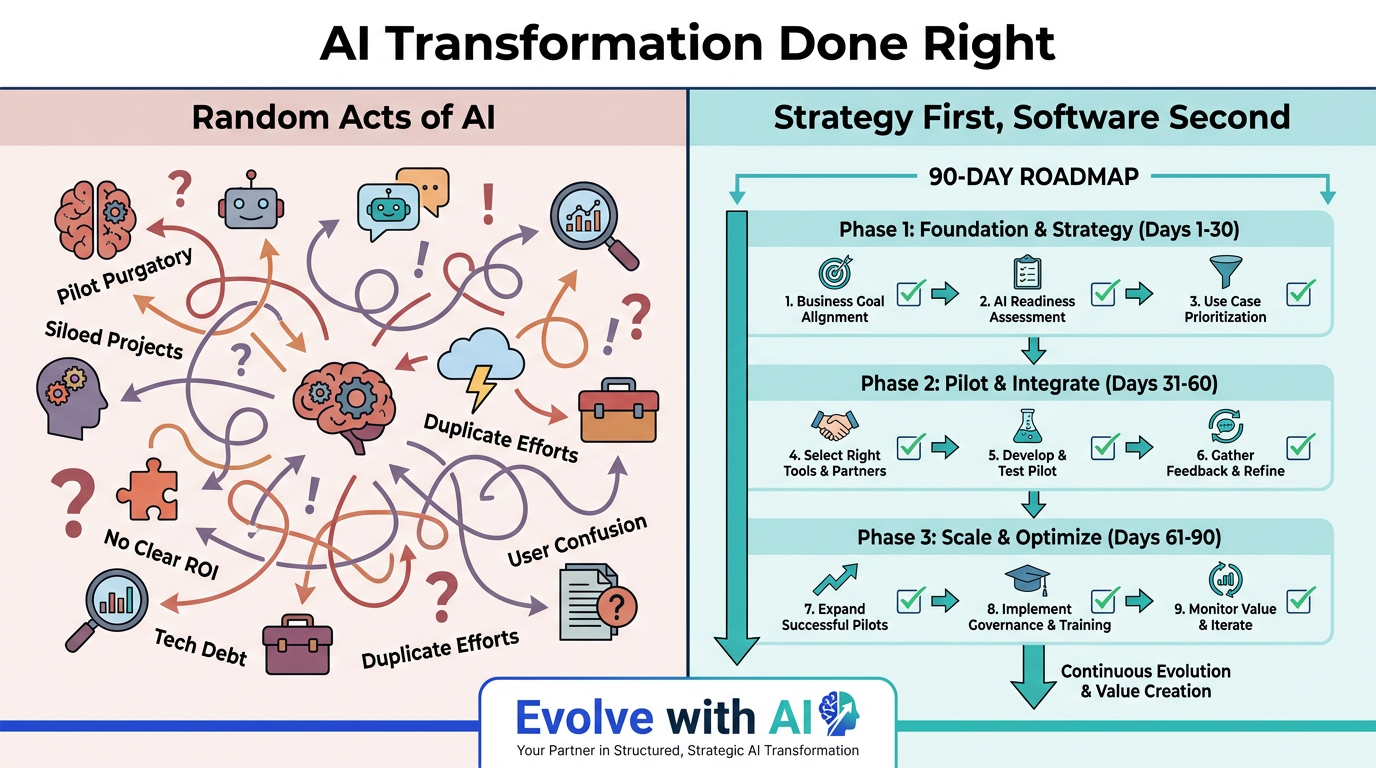 AI transformation done right — comparing random acts of AI versus strategy first software second approach with 90-day roadmap
