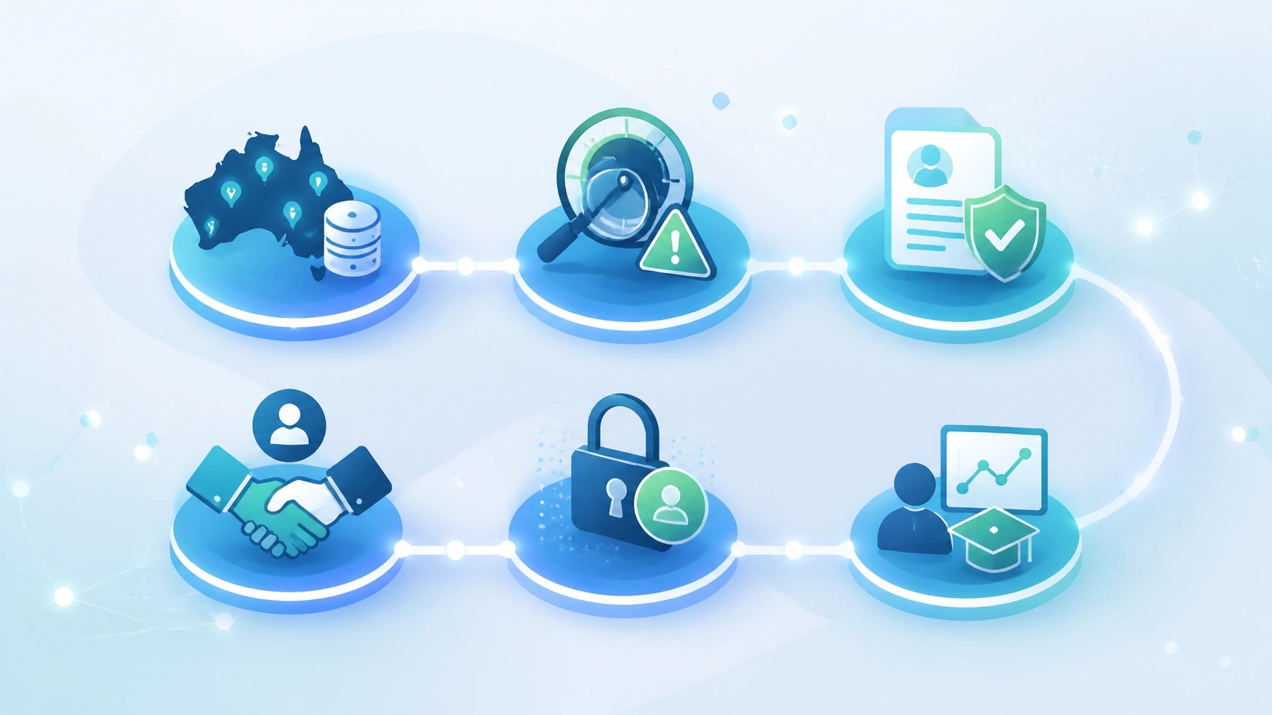 Six-step AI privacy journey infographic — map and manage AI use, classify risk, update policies, review vendors, set access and human-review controls, then test and train