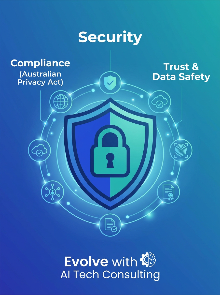 Australian Privacy Act compliance and data security — shield with lock representing Evolve with AI tech consulting security compliance and trust