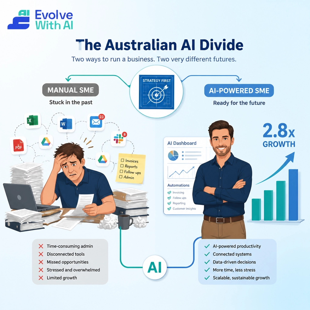 The Australian AI Divide — Manual SME stuck in the past vs AI-Powered SME ready for the future with connected systems and data-driven decisions