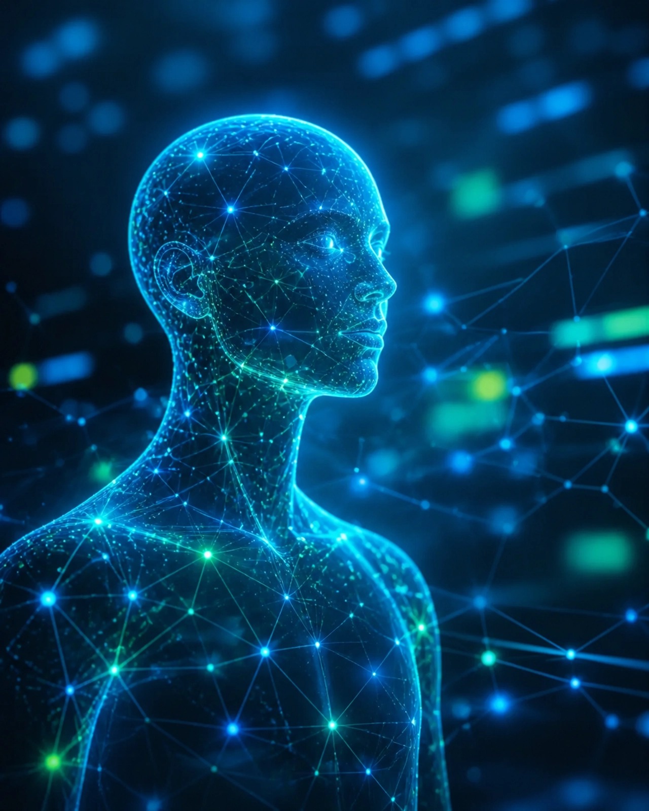 AI digital transformation — human face made of glowing blue-green digital particles and neural network connections