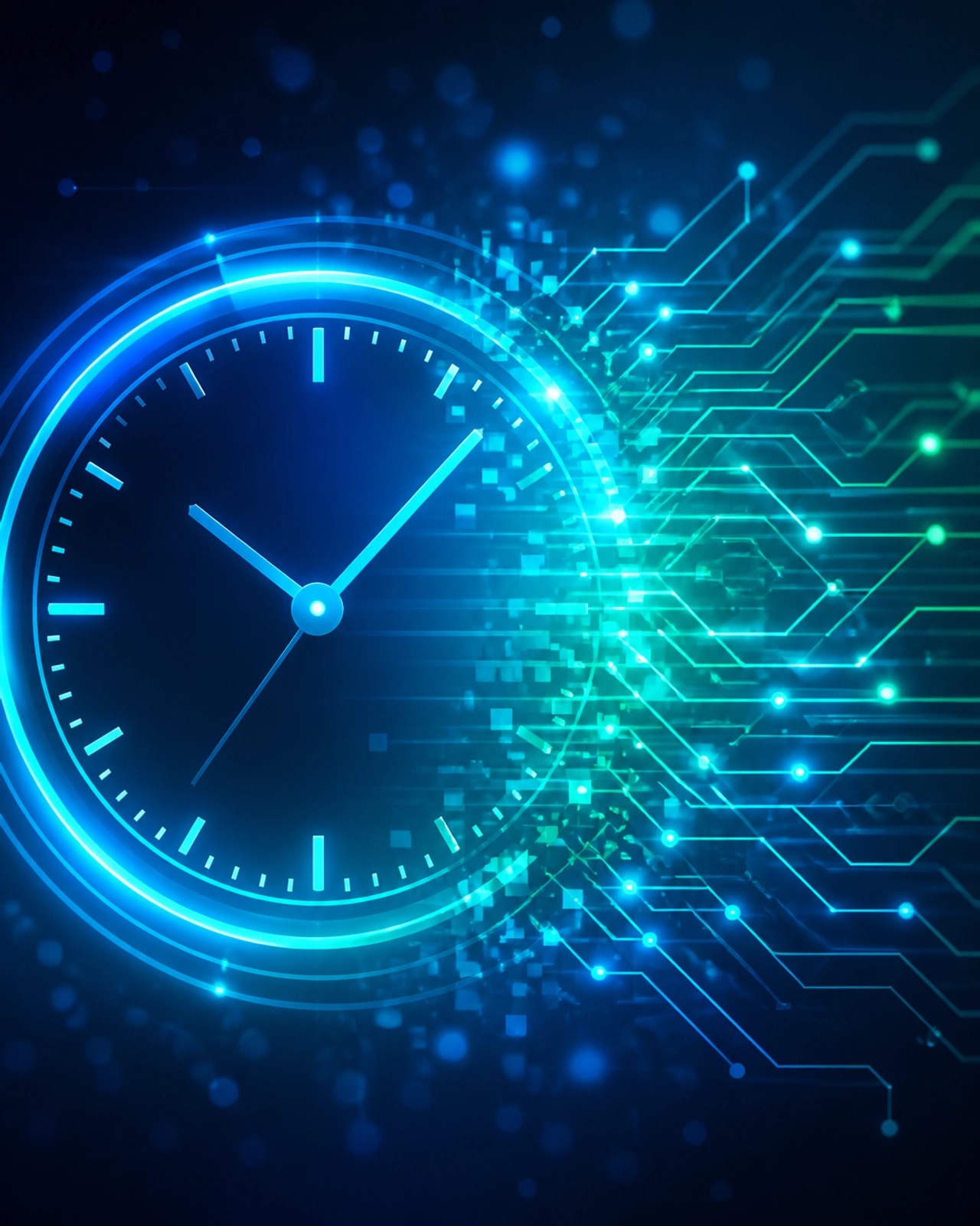 AI productivity and time-saving — futuristic digital clock surrounded by AI circuit patterns in glowing teal