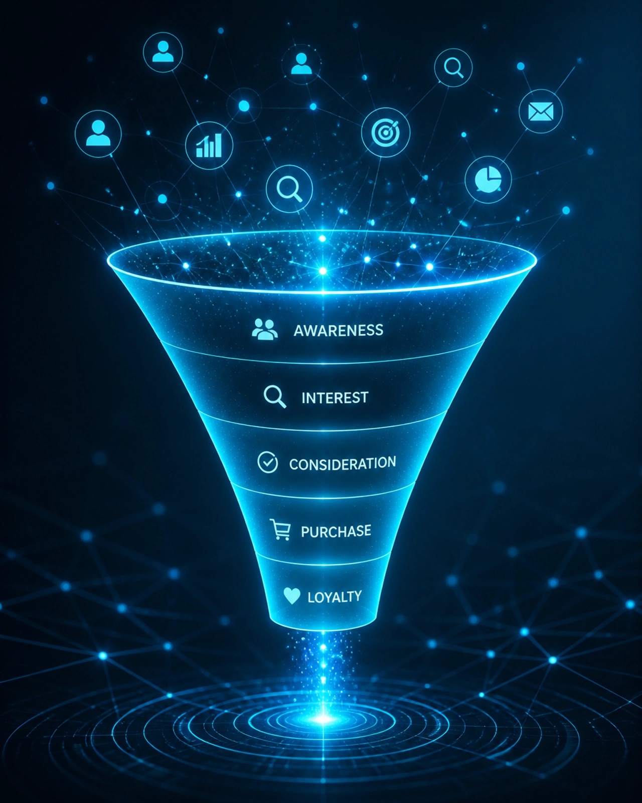 AI-powered digital marketing funnel — Awareness, Interest, Consideration, Purchase and Loyalty stages with data analytics